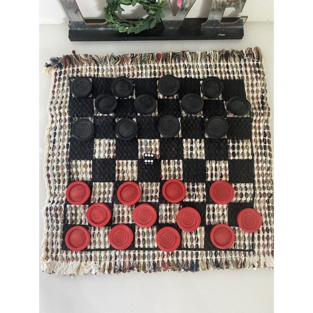 Checkers Board‎ Game with Rug Board 12" x 12½”  12 Black 12 Red Checkers Vintage